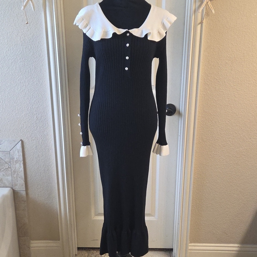 Chic Black and White Long Sleeve Dress - Picture 8 of 16